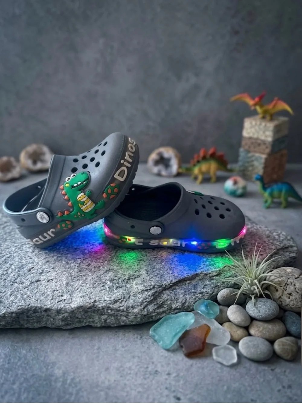 Kids Light-Up Dino Clogs - Gray with Multicolor LEDs